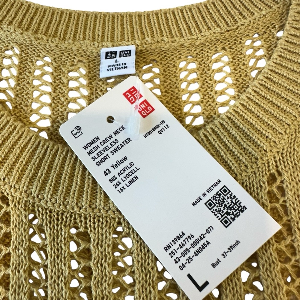 Uniqlo Women's Yellow Open Knit Mesh Crewneck Sleeveless Sweater‎ Top, Large - Picture 6 of 8